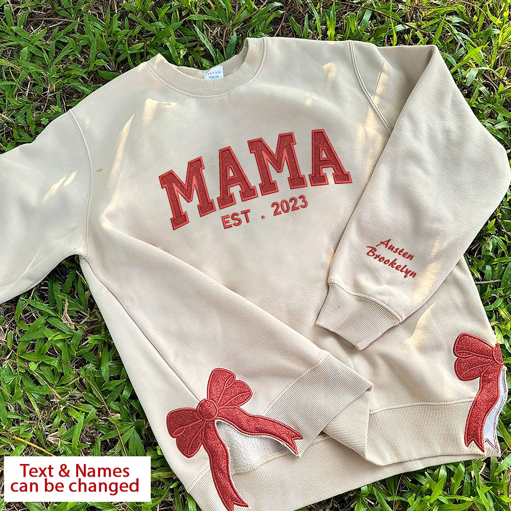 Christmas Embroidered Mama Grandpa Mimi Custom Text Glitter Bow Hoodie Sweatshirt T-Shirt