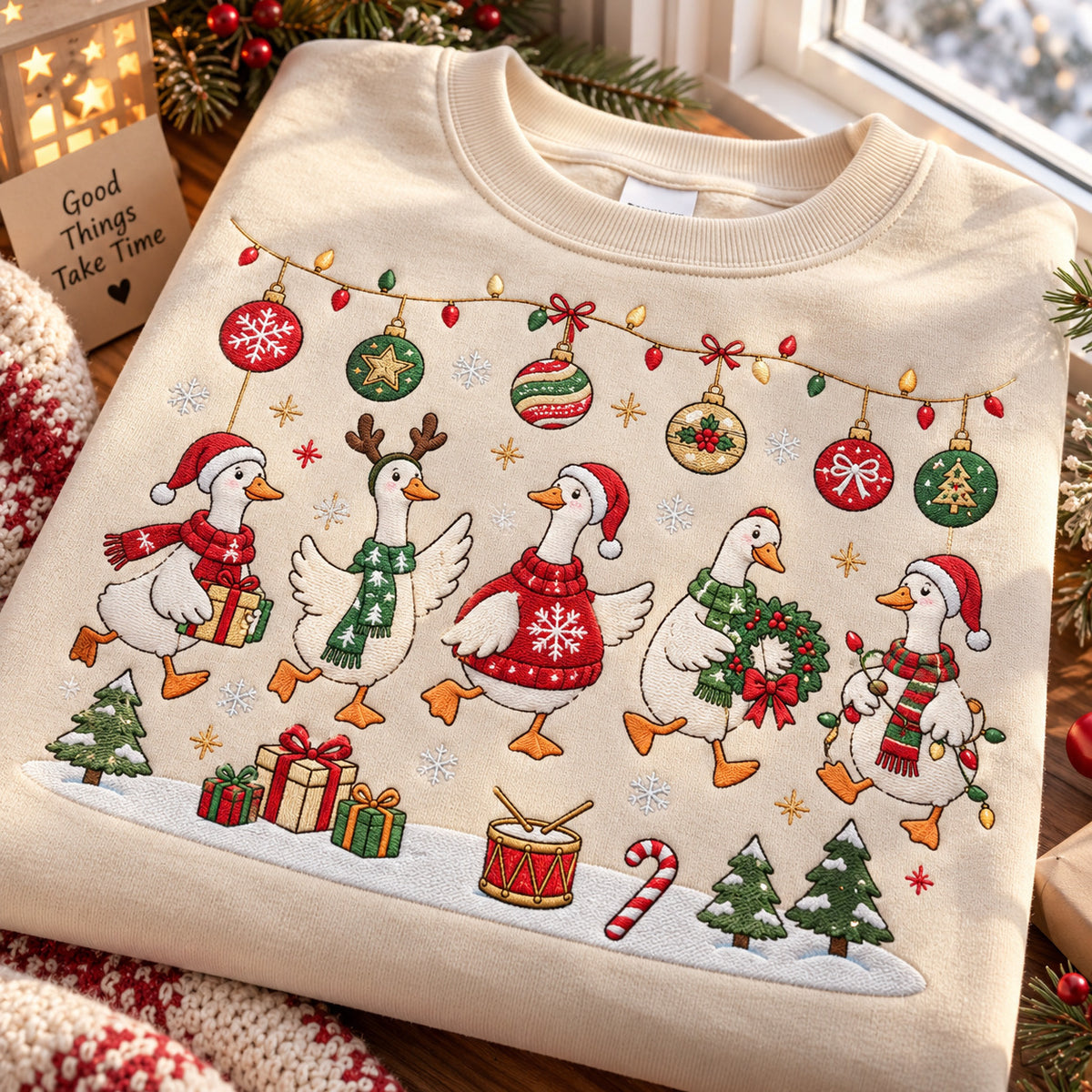 Christmas Goose Embroidered Sweatshirt, Festive Geese Crewneck with Holiday Ornaments, Goose Lover Gift - DL17161026