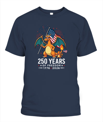 Charizard Charmander 250 Years of Freedom 1776–2026 Patriotic Printed Graphic Hoodie Sweatshirt T-Shirt