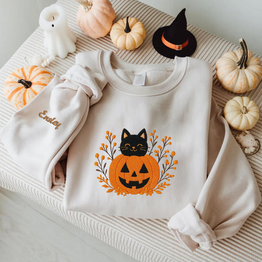 Halloween Personalized Embroidered Cat & Pumpkin Hoodie Sweatshirt T-Shirt