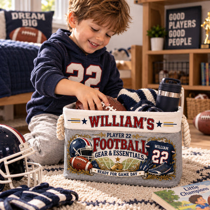 Personalized Football Storage Basket, Custom Name and Jersey Number, Vintage Sports Decor, Player Gift