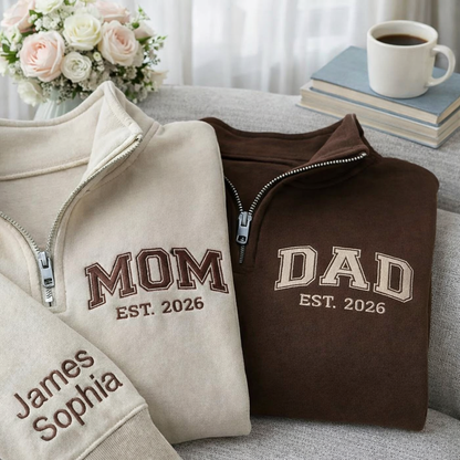 Embroidered Mother's Day Father's Day With Name On Sleeve Quarter-Zip Sweatshirt, Hoodie Sweatshirt T-Shirt