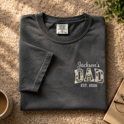 Embroidered Camouflage Dad Shirt, Custom Camo Dad Est Shirt, Father's Day Gift For New Dad, Pregnancy Announcement Shirt For Him