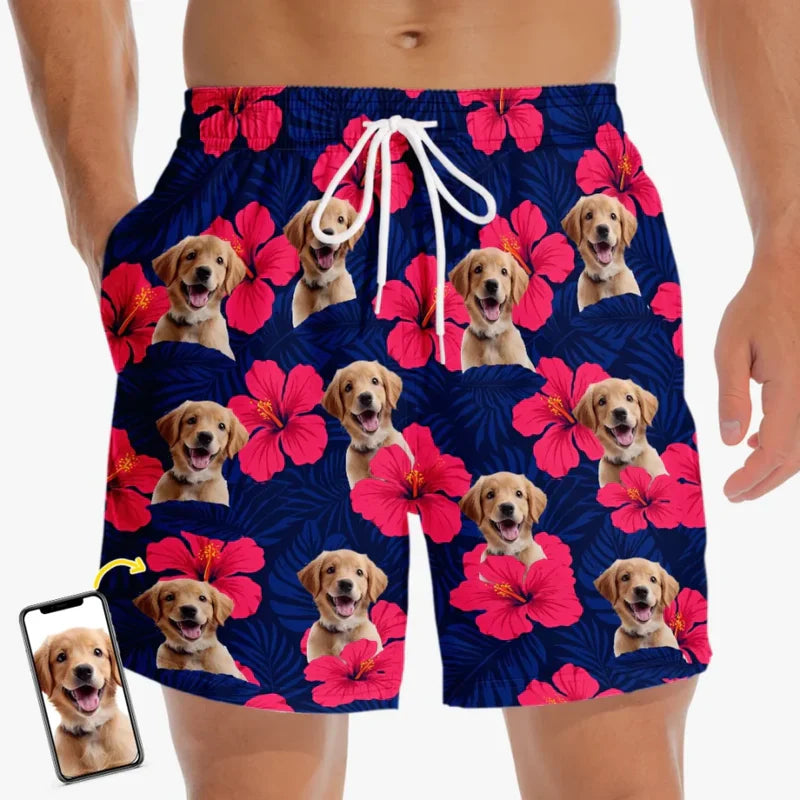 Custom Photo Tropical Pup Vibes Only - Dog & Cat Personalized Custom Tropical Hawaiian Aloha Men Beach Shorts