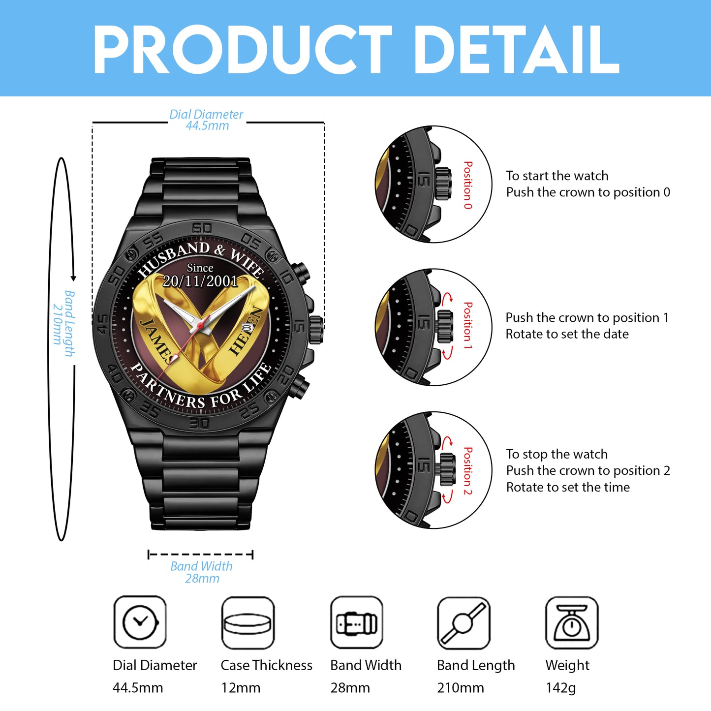 Personalized Wedding Rings - Custom Stainnless Steal Black Metal Watch
