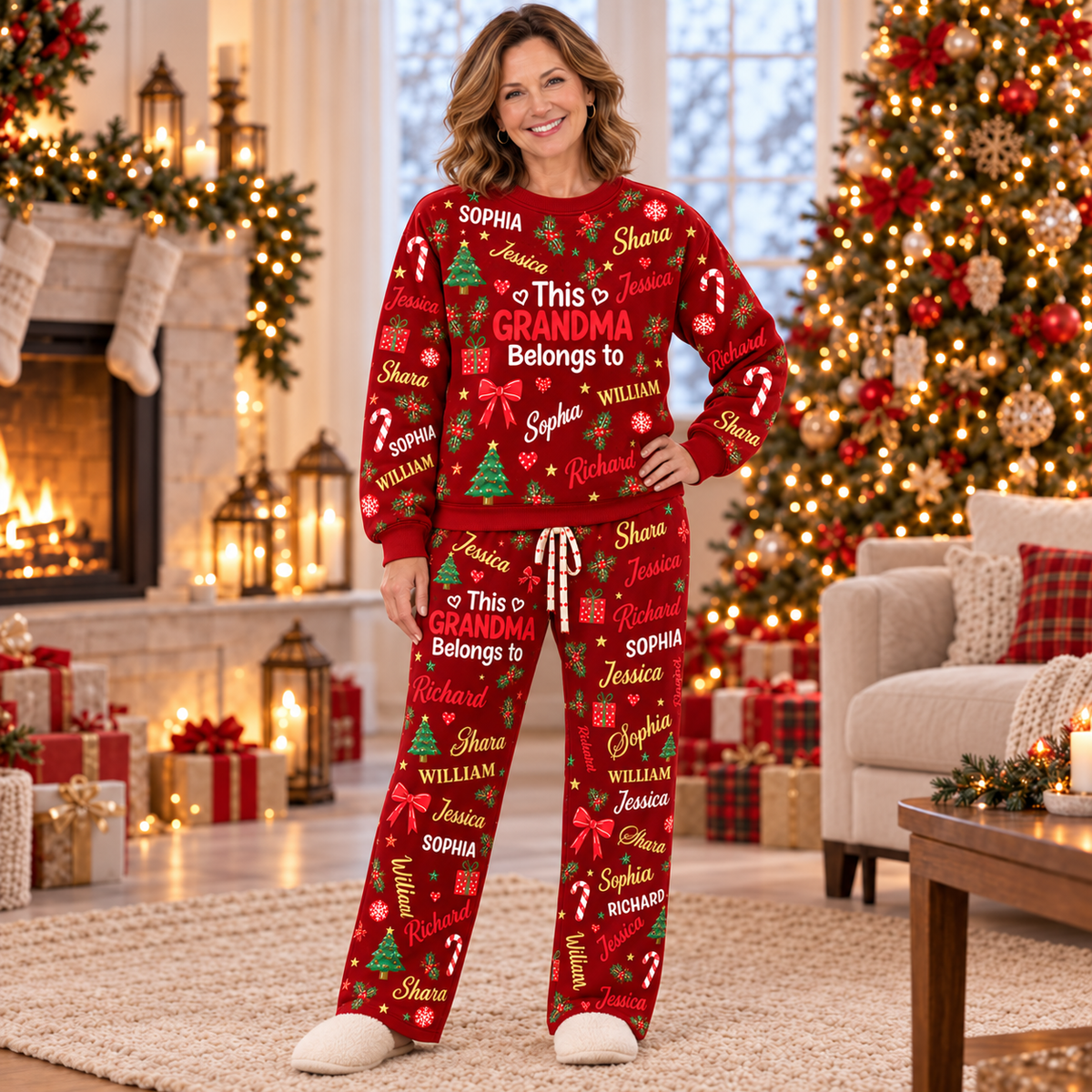 Personalized Grandma Christmas Pajama Set, Green Sweatshirt and Lounge Pants with Grandkids' Names
