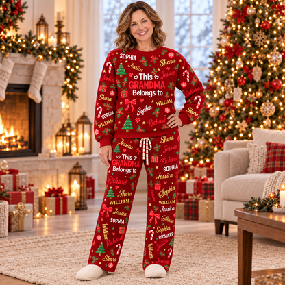 Personalized Grandma Christmas Pajama Set, Green Sweatshirt and Lounge Pants with Grandkids' Names