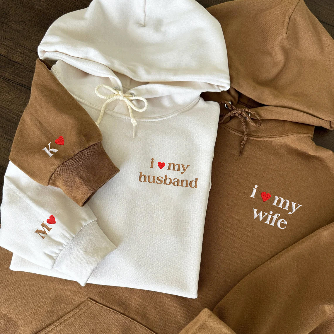 Valentine Embroidered Custom I Love My Wife/ Husband With Heart On Sleeve Hoodie Sweatshirt T-shirt