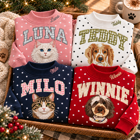 Personalized Pet Photo & Name Embroidered Polka Dot Sweatshirt