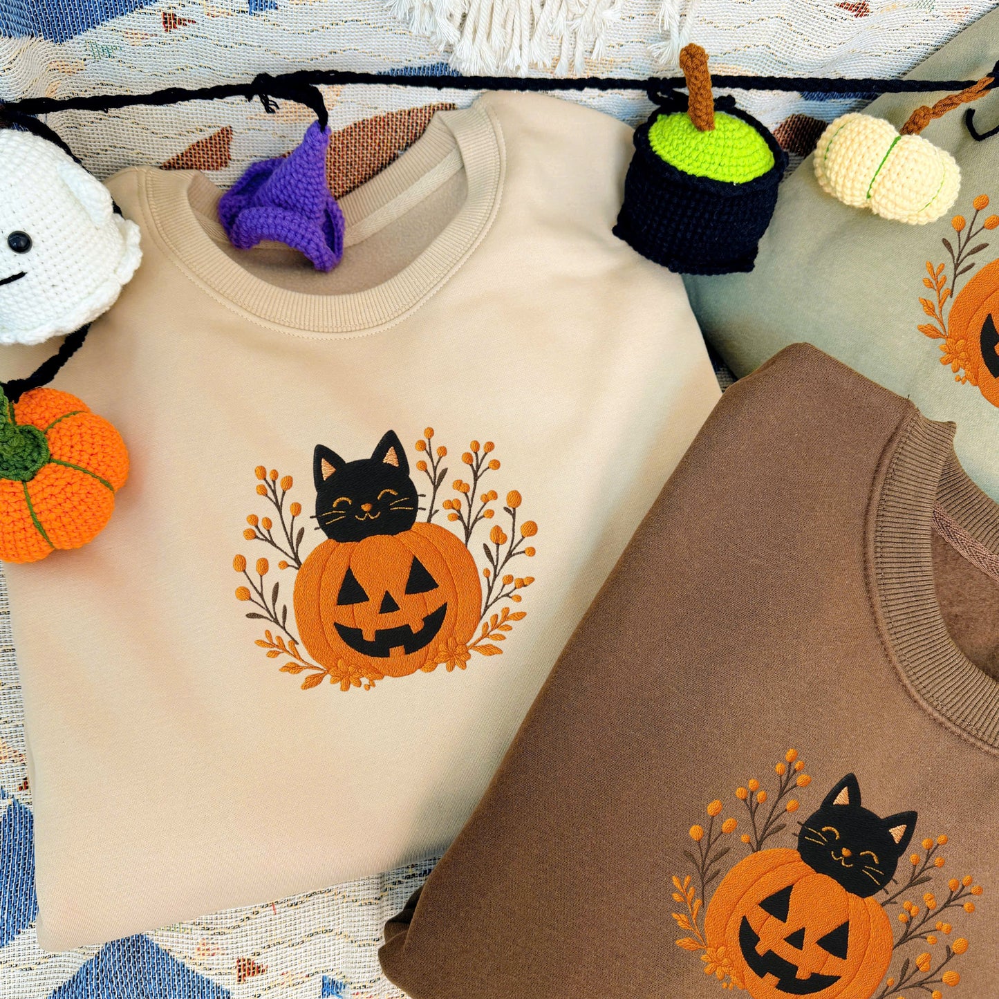 Halloween Personalized Embroidered Cat & Pumpkin Hoodie Sweatshirt T-Shirt