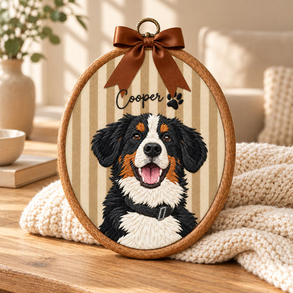 Custom Pet Portrait Embroidered Ornament from Photo, Personalized Dog or Cat Name Keepsake with Bow - DL02211026