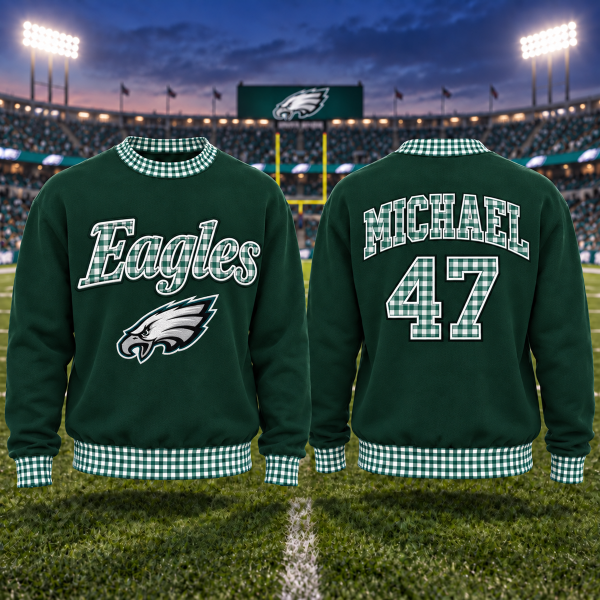 Personalized Embroidered Sweatshirt with Gingham Trim – Custom Name & Number