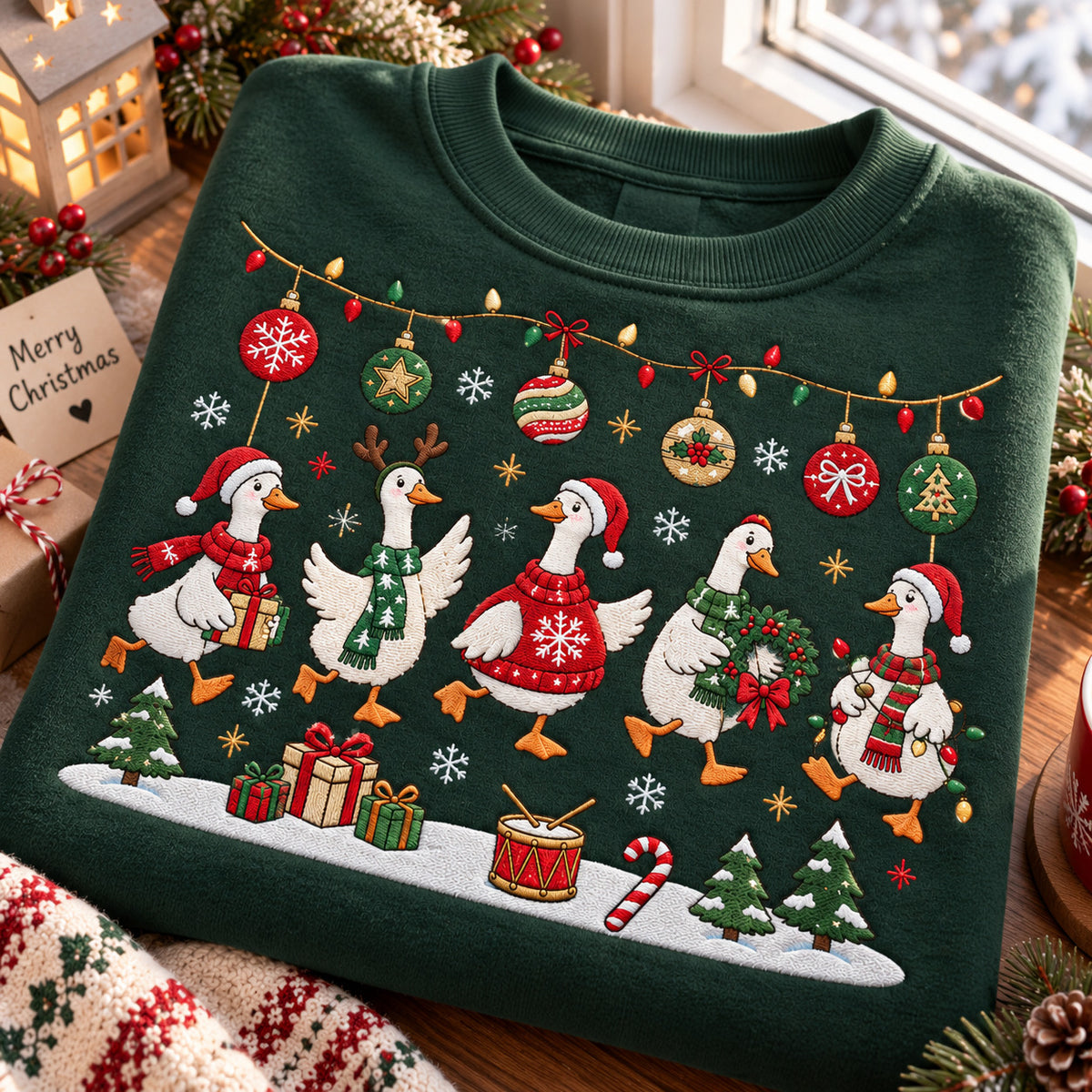 Christmas Goose Embroidered Sweatshirt, Festive Geese Crewneck with Holiday Ornaments, Goose Lover Gift - DL17161026