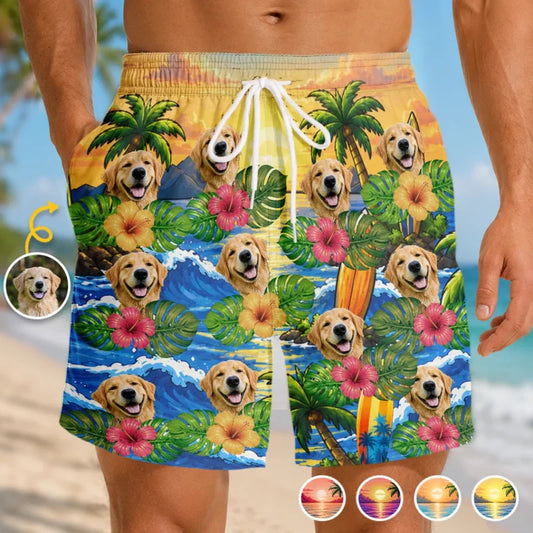 Custom Photo Funny Caricature Tropical Hawaiian Aloha Men Beach Shorts - Personalized Summer Vacation And Travel Gifts For Dog Cat Lovers, Dog Dad And Mom, Cat Owners