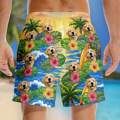 Custom Photo Funny Caricature Tropical Hawaiian Aloha Men Beach Shorts - Personalized Summer Vacation And Travel Gifts For Dog Cat Lovers, Dog Dad And Mom, Cat Owners