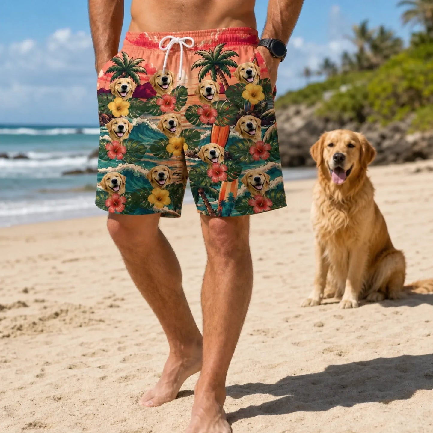 Custom Photo Funny Caricature Tropical Hawaiian Aloha Men Beach Shorts - Personalized Summer Vacation And Travel Gifts For Dog Cat Lovers, Dog Dad And Mom, Cat Owners
