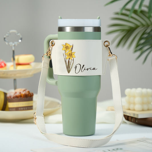 Mother's Day Personalized Birth Flower Water Bottle Carrier Bag for 40oz Stanley Tumbler with Adjustable Strap Gift for Her