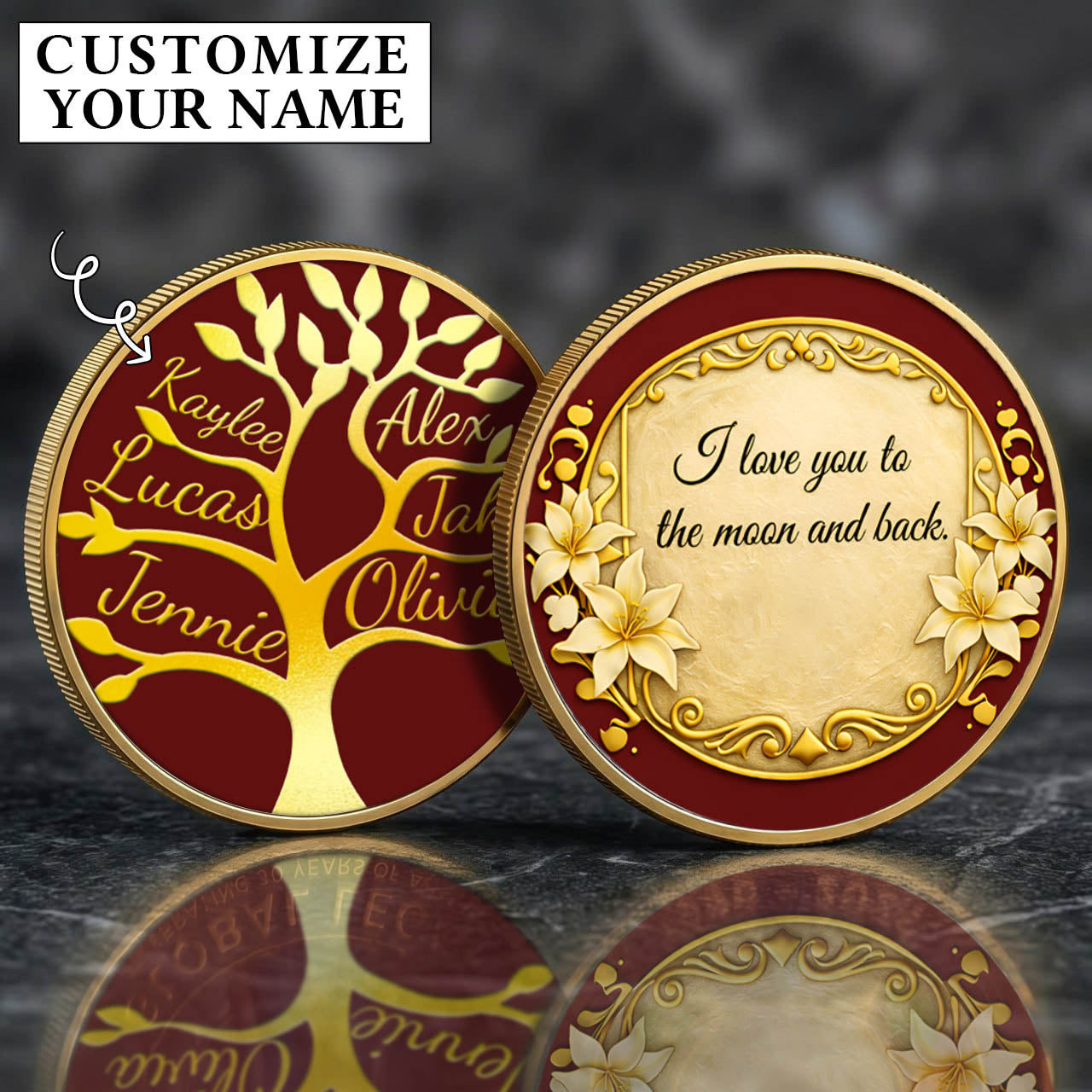 Personalised PRINTED Names Family Tree Coin for Mom Grandma Mother's Day Birthday Thanksgiving Day