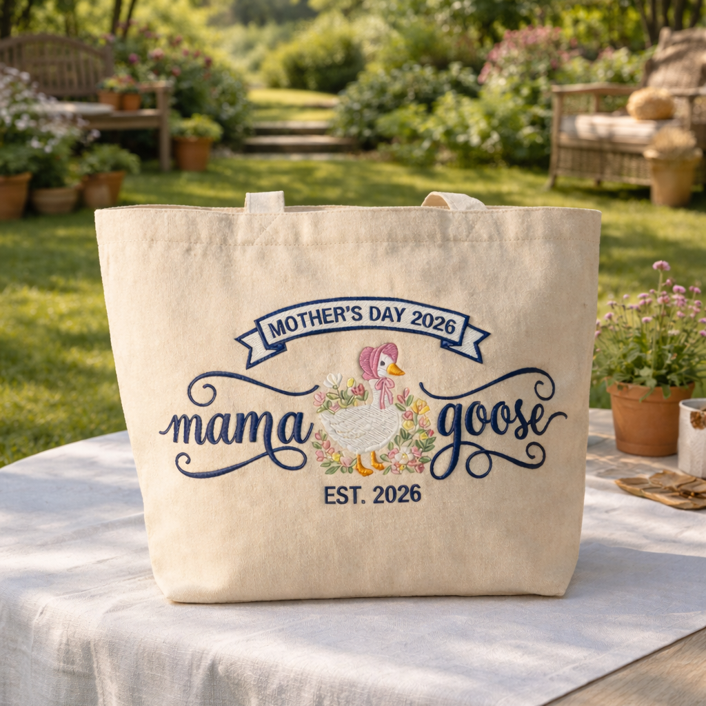 Personalized Mama Goose Mother's Day Embroidered Tote Bag - Vintage Striped Beach Tote