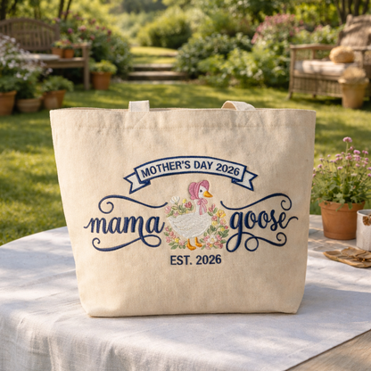 Personalized Mama Goose Mother's Day Embroidered Tote Bag - Vintage Striped Beach Tote