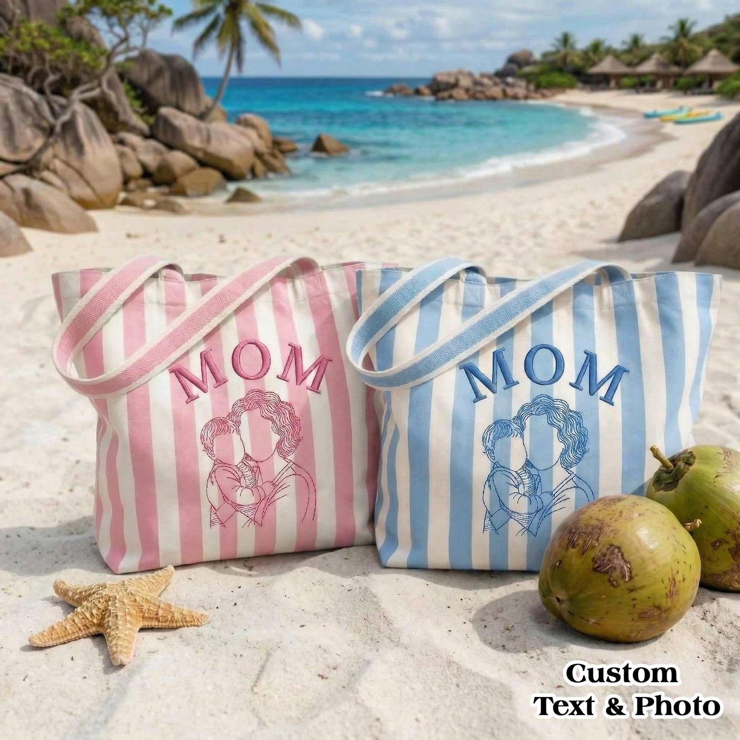Personalized Mom & Kids Photo Mother's Day Embroidered Tote Bag - Vintage Striped Beach Tote