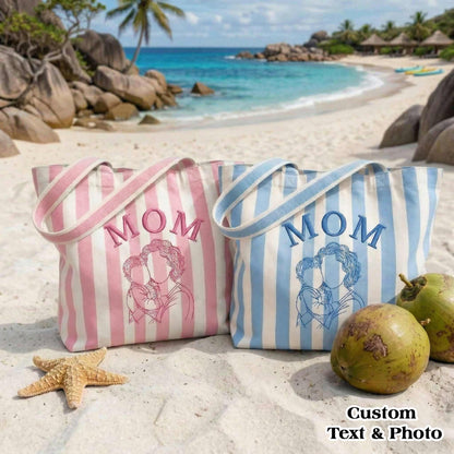 Personalized Mom & Kids Photo Mother's Day Embroidered Tote Bag - Vintage Striped Beach Tote