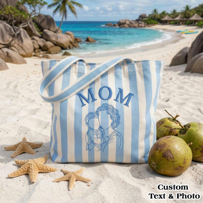 Personalized Mom & Kids Photo Mother's Day Embroidered Tote Bag - Vintage Striped Beach Tote