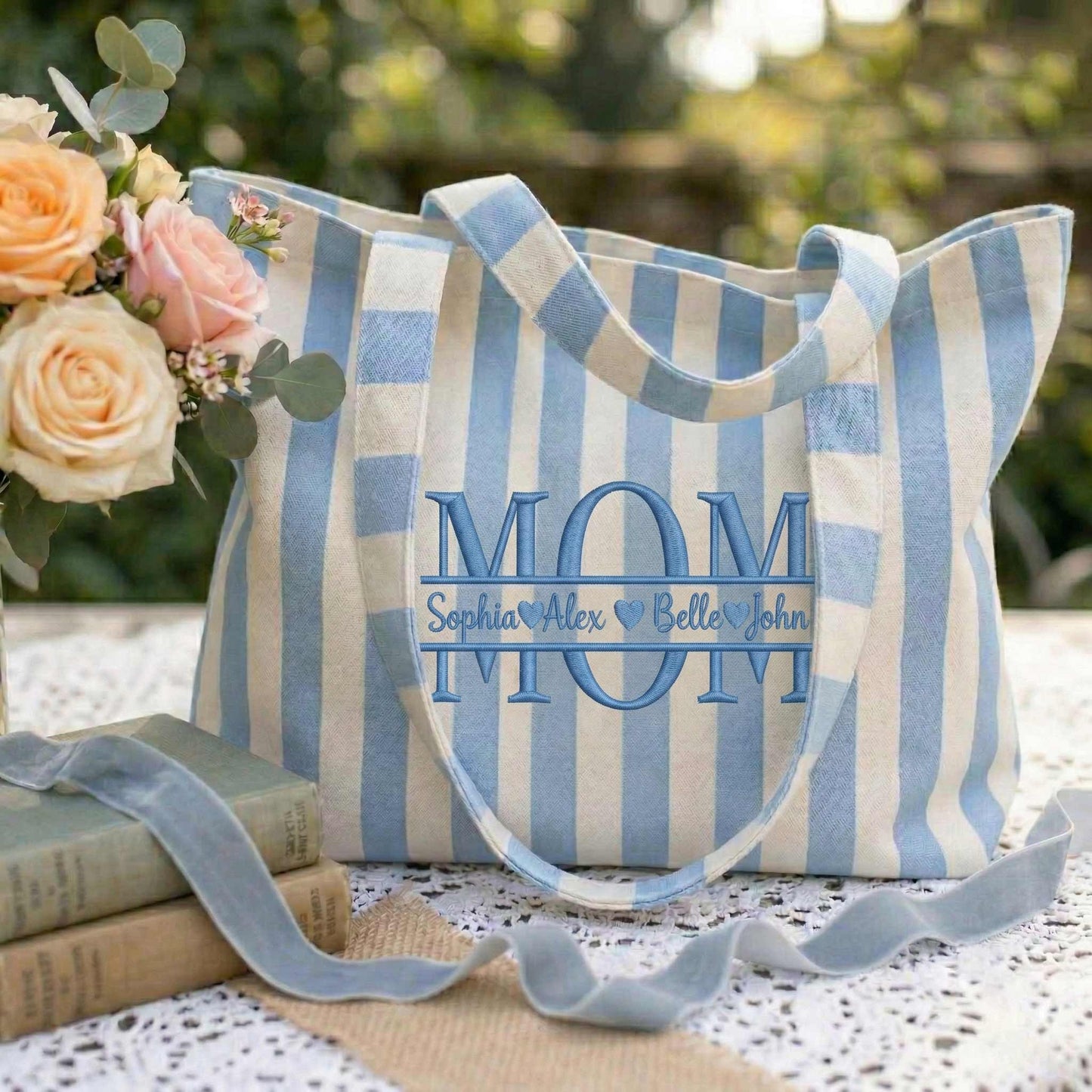 Personalized Mom & Kids Name Mother's Day Embroidered Tote Bag - Vintage Striped Beach Tote