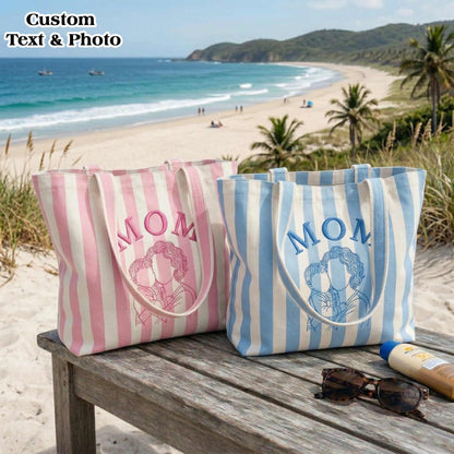 Personalized Mom & Kids Photo Mother's Day Embroidered Tote Bag - Vintage Striped Beach Tote