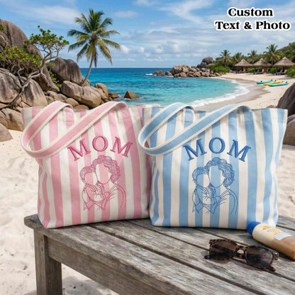 Personalized Mom & Kids Photo Mother's Day Embroidered Tote Bag - Vintage Striped Beach Tote