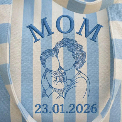 Personalized Mom & Kids Photo Mother's Day Embroidered Tote Bag - Vintage Striped Beach Tote