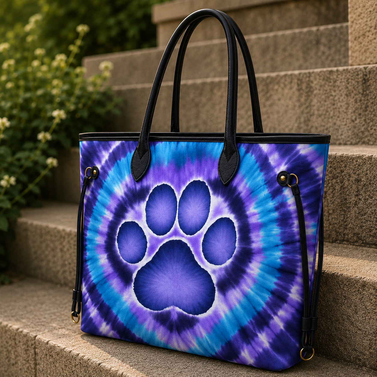 Vibrant Tie-Dye Spiral Purple Cat Women's Large PU Bag