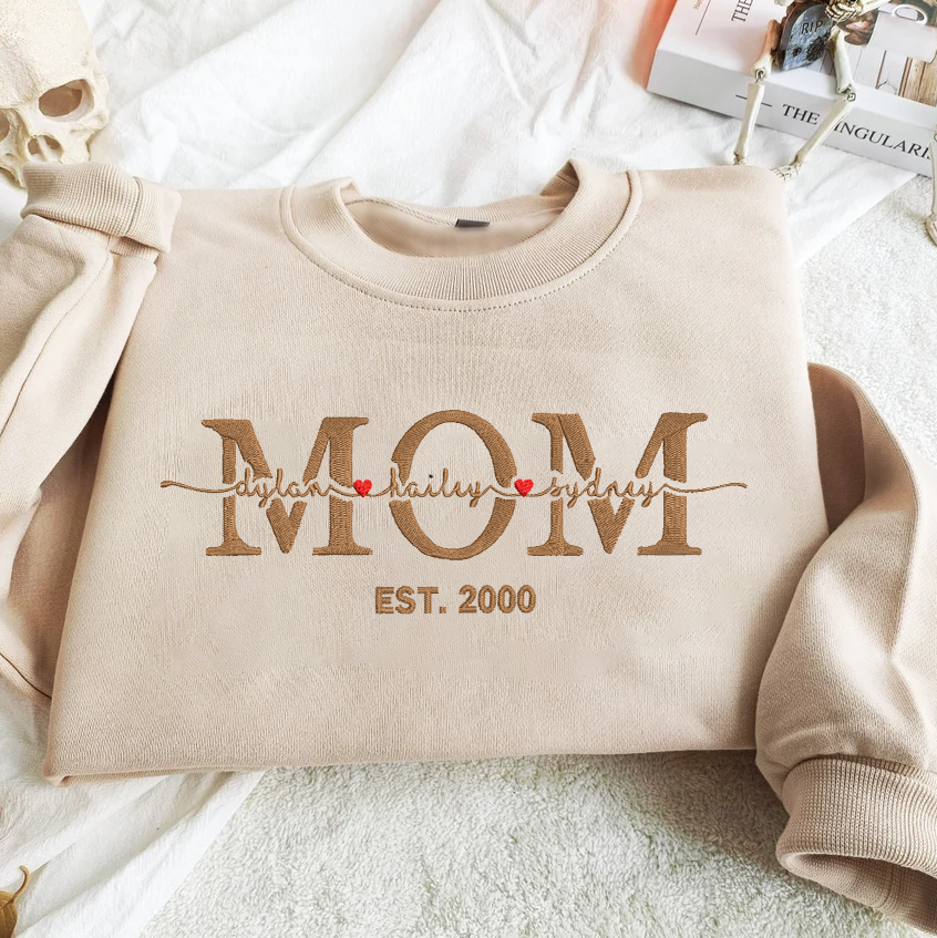 Personalized Embroidered MOM With Children Names Hoodie Sweatshirt T-Shirt