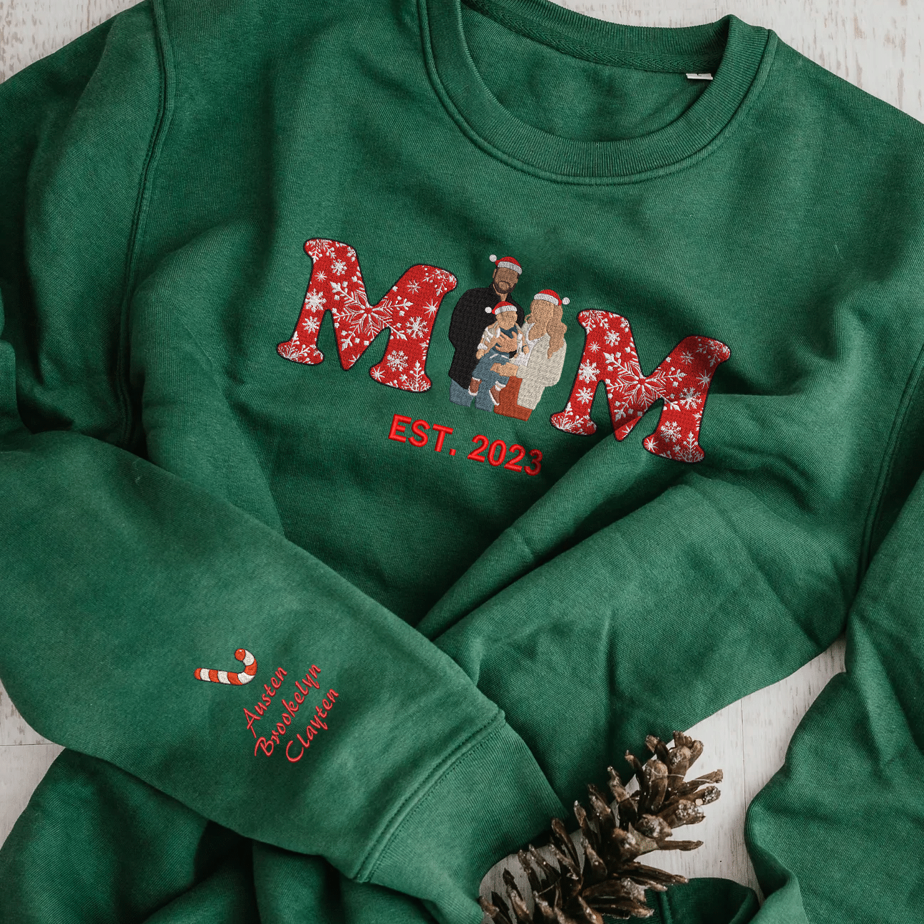 Christmas Embroidered Family Photo Snow Letter Custom Text Hoodie Sweatshirt T-Shirt