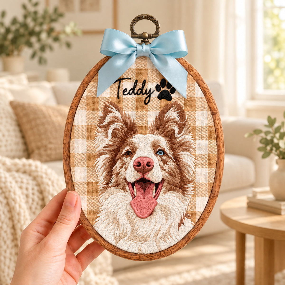 Custom Pet Portrait Embroidered Ornament from Photo, Personalized Dog or Cat Name Keepsake with Bow - DL02211026