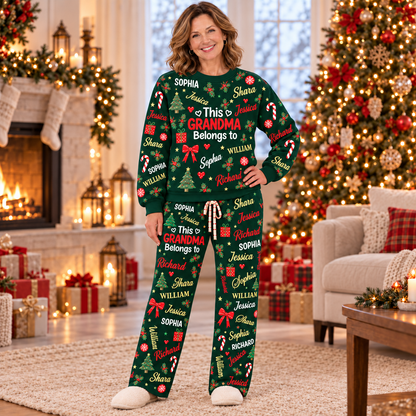 Personalized Grandma Christmas Pajama Set, Green Sweatshirt and Lounge Pants with Grandkids' Names