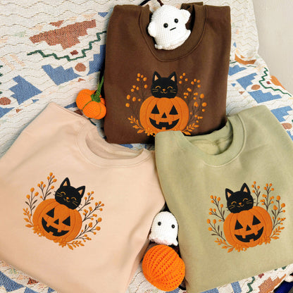 Halloween Personalized Embroidered Cat & Pumpkin Hoodie Sweatshirt T-Shirt