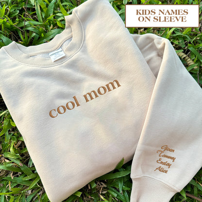 Mother's Day Personalized Embroidered Cool Mom With Kids Names On Sleeve Hoodie Sweatshirt T-Shirt