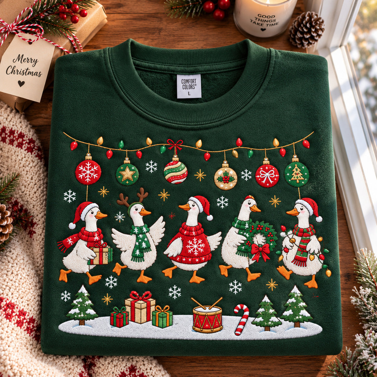 Christmas Goose Embroidered Sweatshirt, Festive Geese Crewneck with Holiday Ornaments, Goose Lover Gift - DL17161026