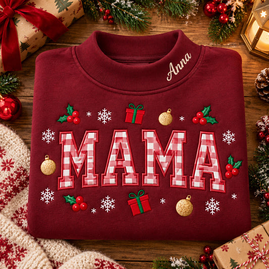 Personalized Embroidered Mama Christmas Sweatshirt, Custom Name on Collar, Red Gingham Holiday Pullover, Gift for Mom - DL03171026