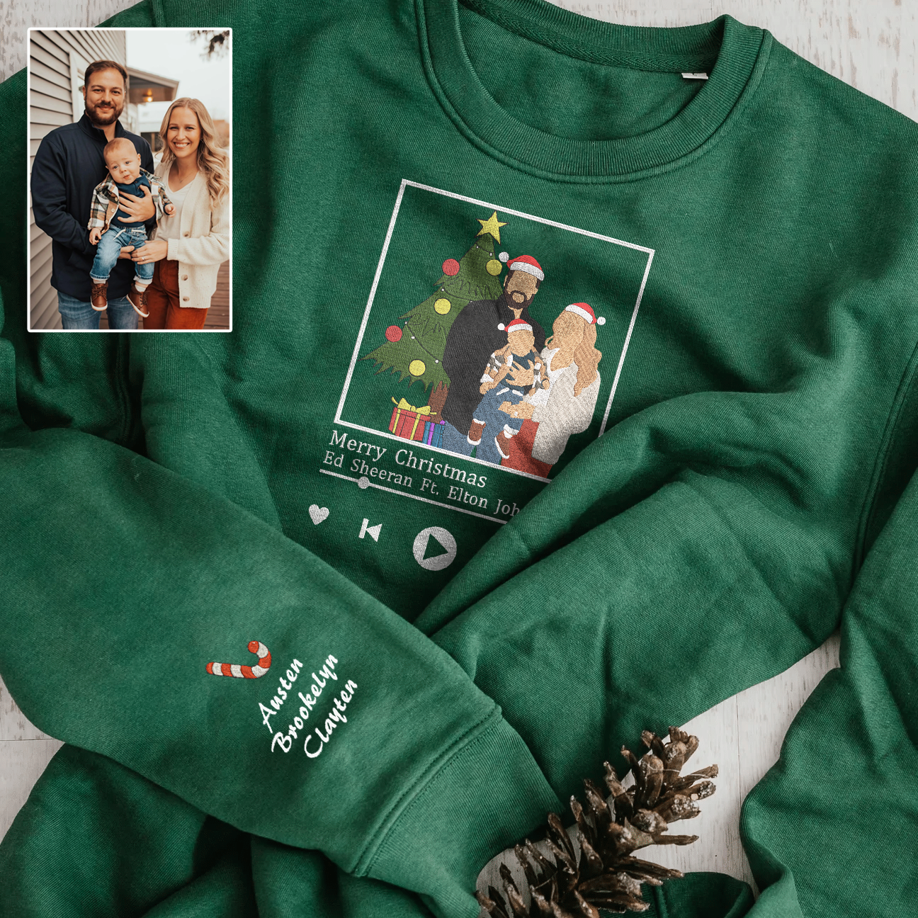 Christmas Embroidered Family Photo And Song Hoodie Sweatshirt T-Shirt