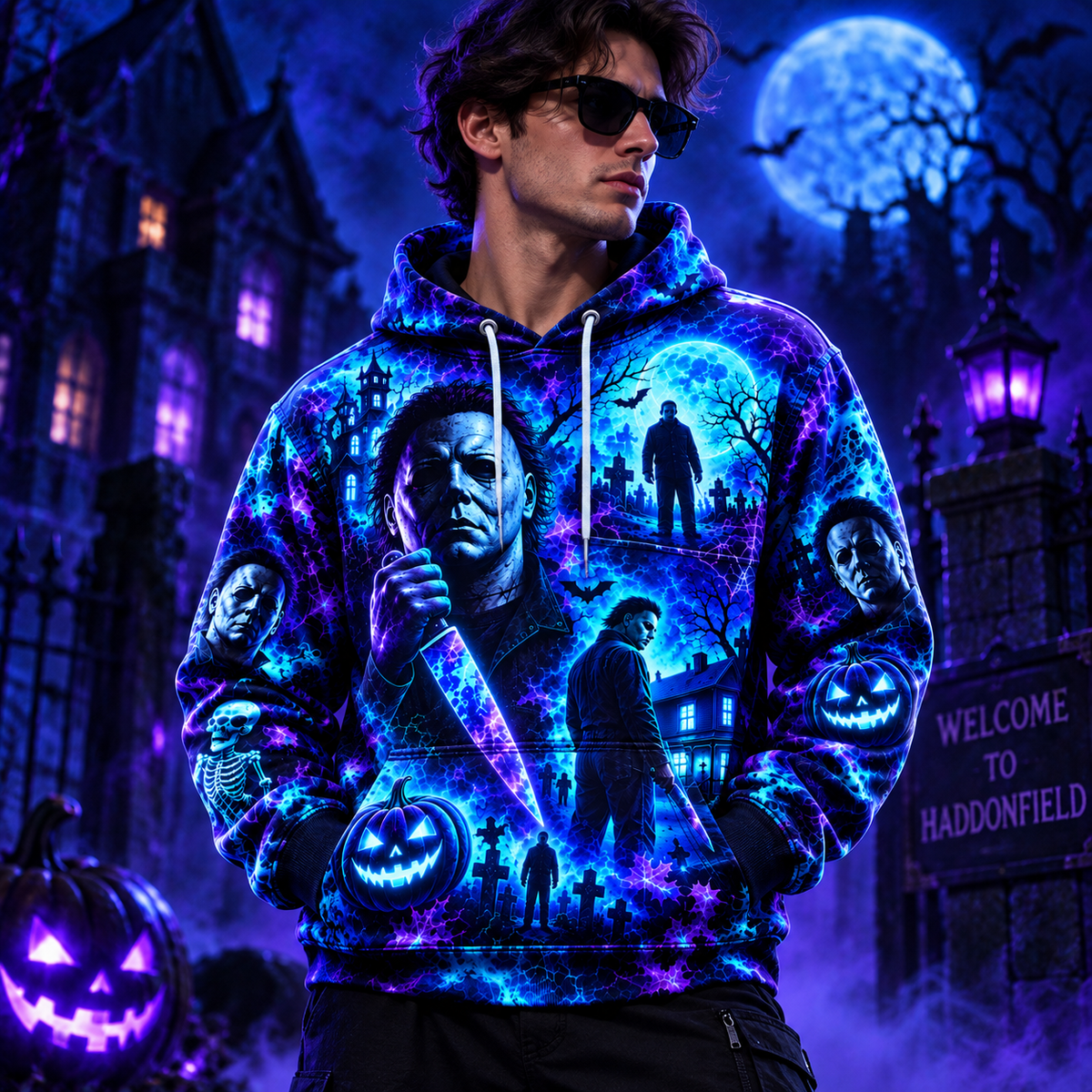 Halloween Neon Michael Myers AOP T-Shirt Sweatshirt Hoodie