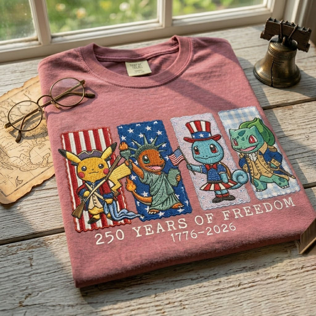 Pokemon 250 Years of Freedom 1776–2026 Patriotic Embroidered Graphic Quarter-Zip Sweatshirt, Hoodie Sweatshirt T-Shirt