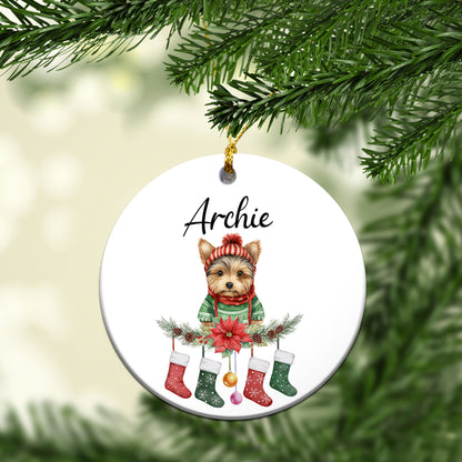 Personalized Pup In Ugly Sweater With Christmas Stockings Custom Ceramic Ornament