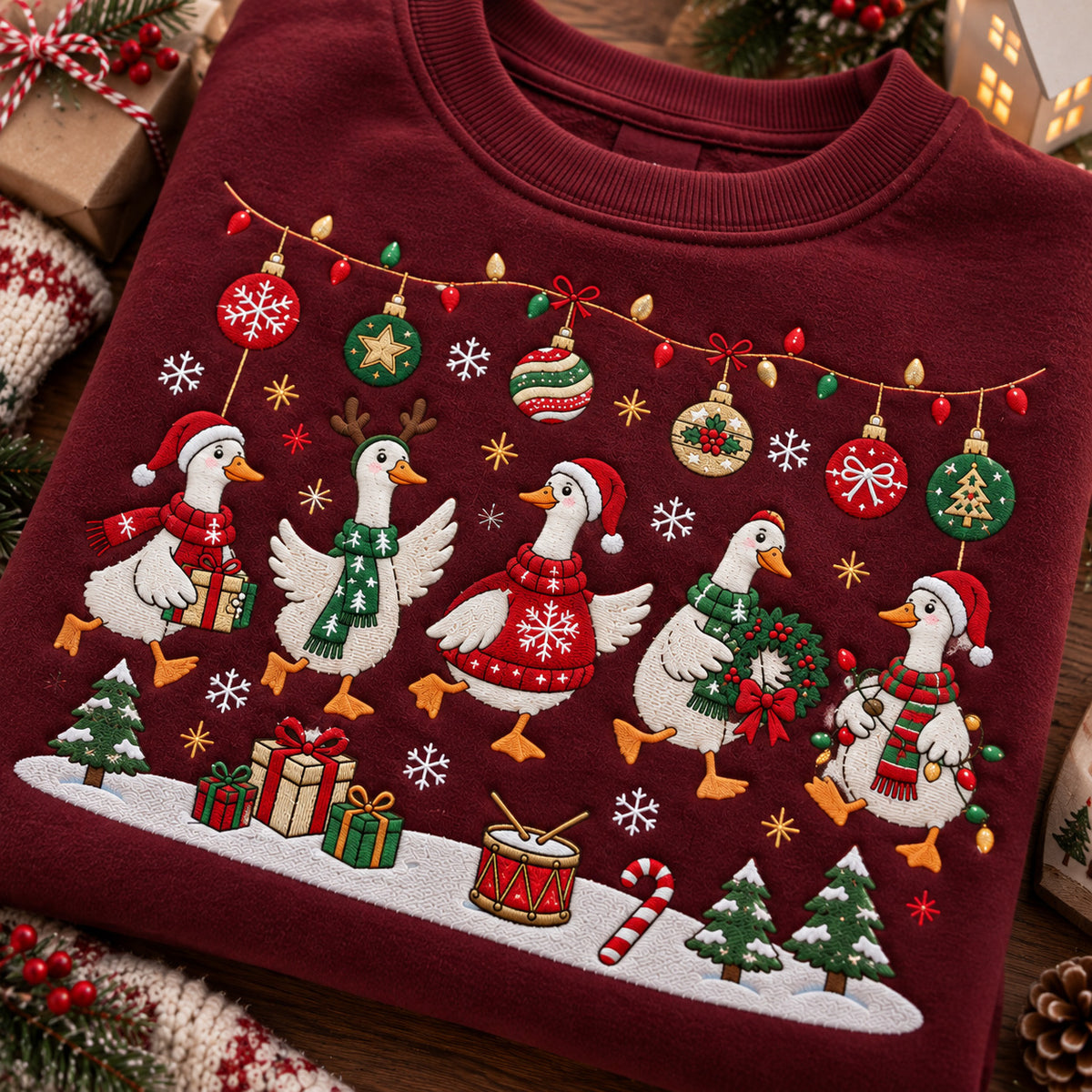 Christmas Goose Embroidered Sweatshirt, Festive Geese Crewneck with Holiday Ornaments, Goose Lover Gift - DL17161026