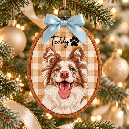 Custom Pet Portrait Embroidered Ornament from Photo, Personalized Dog or Cat Name Keepsake with Bow - DL02211026