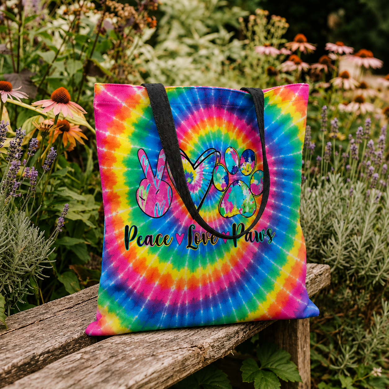 Peace Love Paws Rainbow Swirl Cat Tote Bag