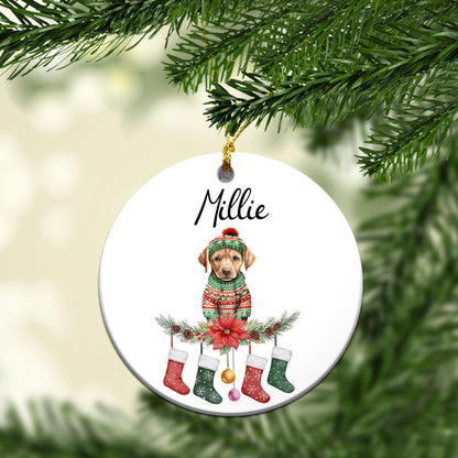 Personalized Pup In Ugly Sweater With Christmas Stockings Custom Ceramic Ornament