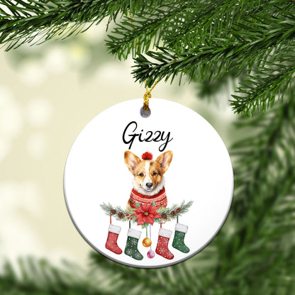 Personalized Pup In Ugly Sweater With Christmas Stockings Custom Ceramic Ornament