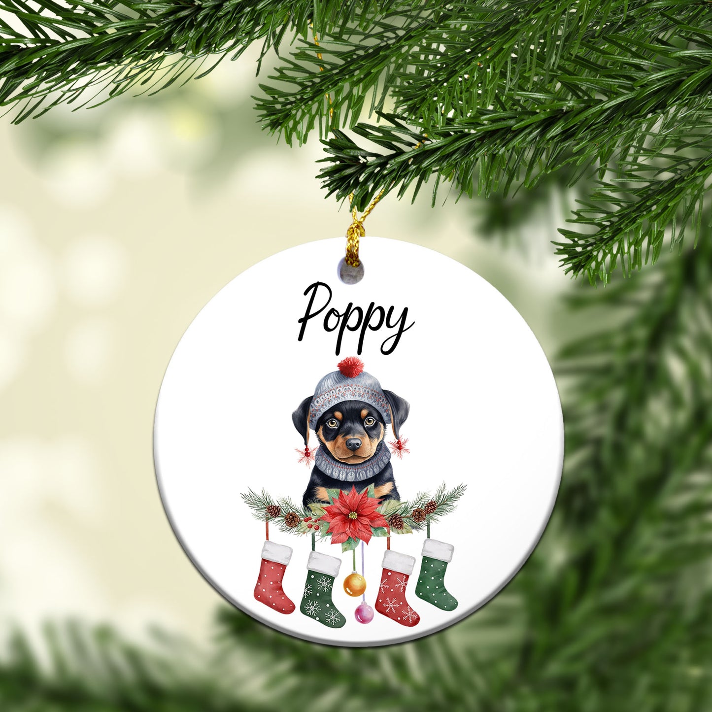 Personalized Pup In Ugly Sweater With Christmas Stockings Custom Ceramic Ornament